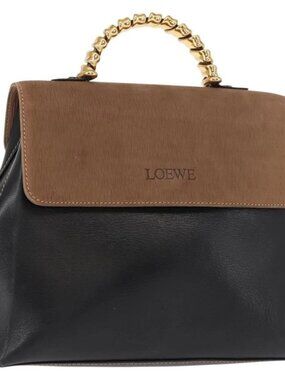 LOEWE Velazquez Hand Bag Leather Suede Brown Black gold Auth